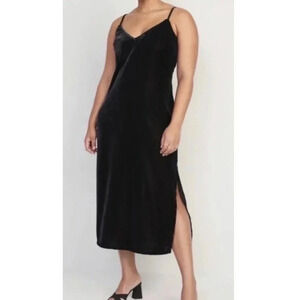 Old Navy Black‎ Velvet Midi Slip Dress Side Slit Size Small Spaghetti Straps